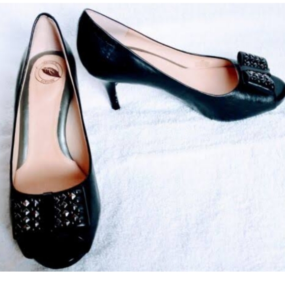 Studded Bow Black Leather Heels - Picture 1 of 16